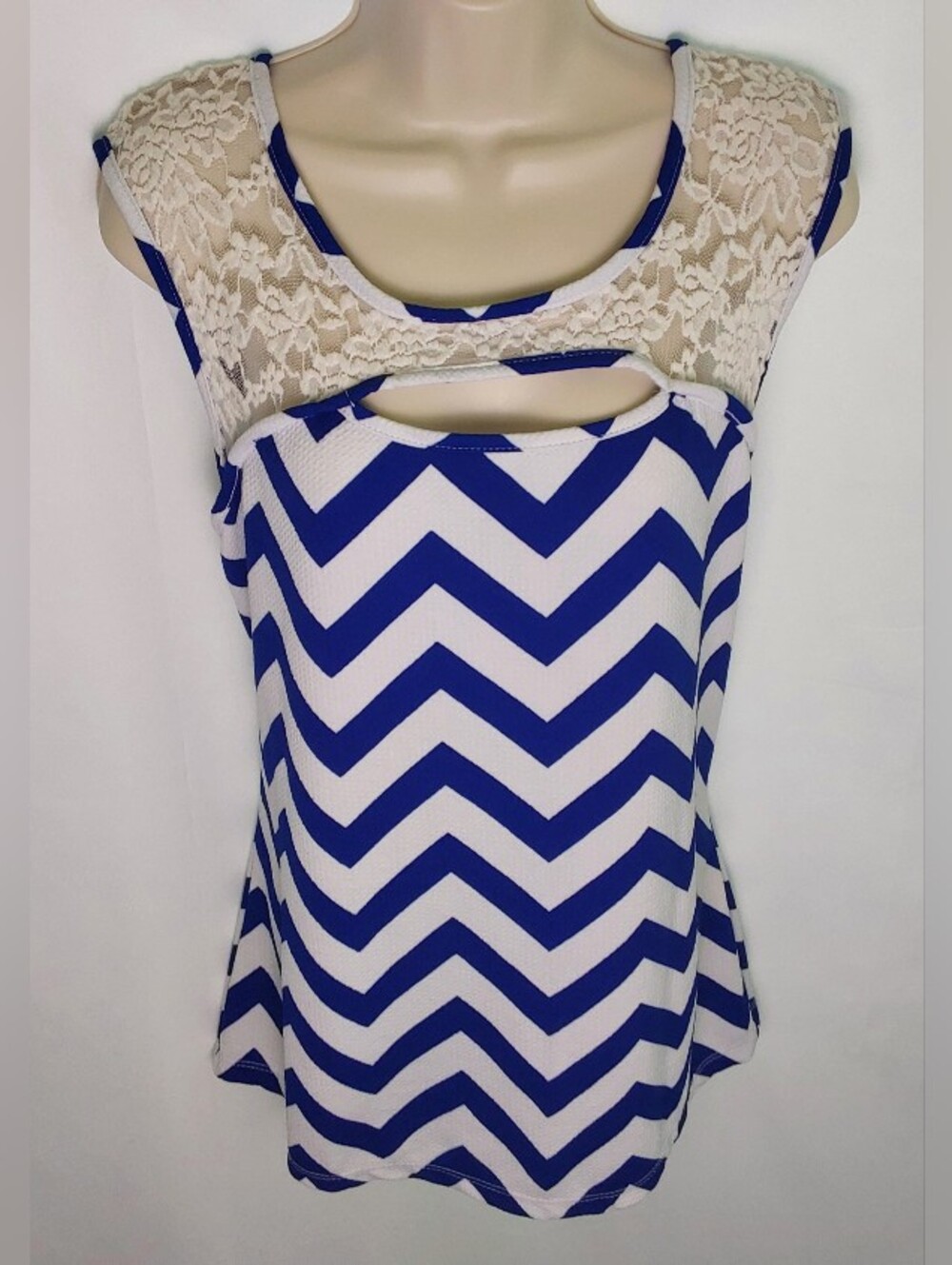 Caren Sport Blue and White Chevron Lace-Trim Cutout Camisole